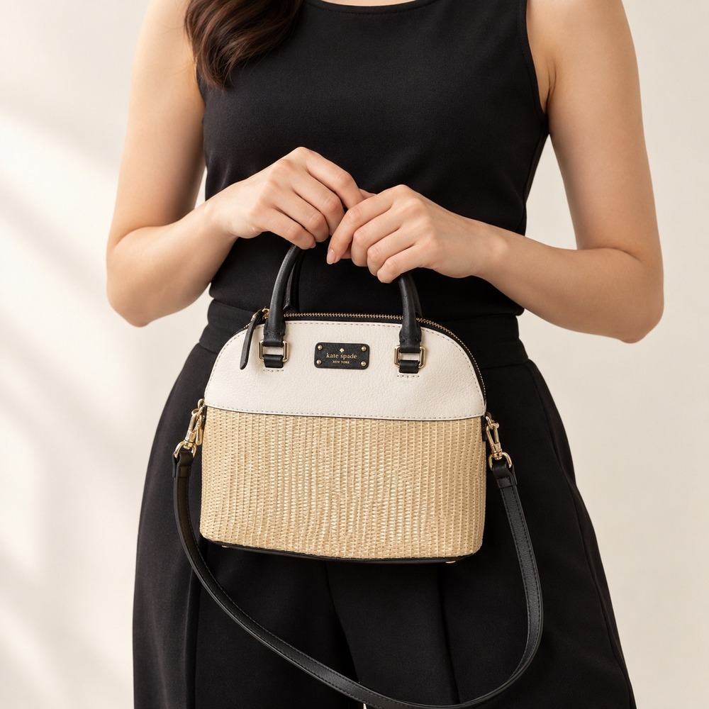 Kate Spade New York Reiley Woven Leather Dome Satchel Crossbody Bag Cream Black